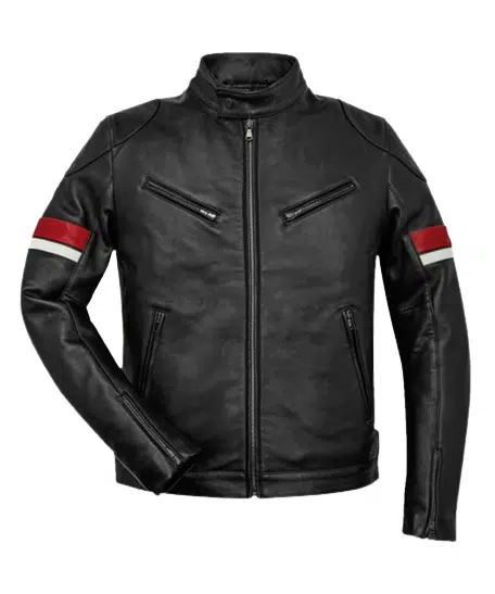 Mens Black Leather Red and White Striped Cafe Racer Jacket