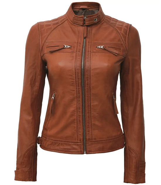 Women Tan Diamond Leather Jacket
