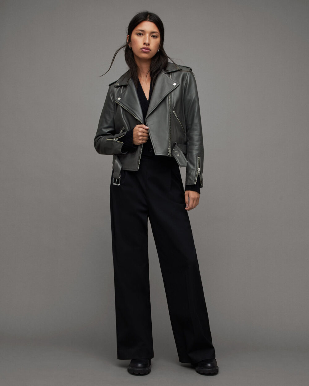 Balfern Belted Hem Leather Biker Jacket 3