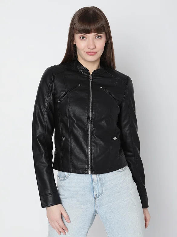Black Faux Leather Biker Jacket Womens 2