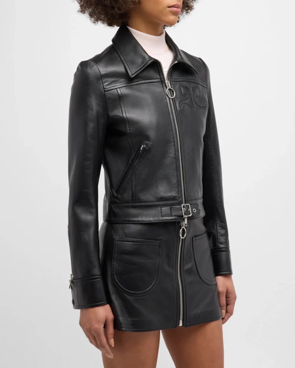 Black Leather Buckle Hem Biker Jacket