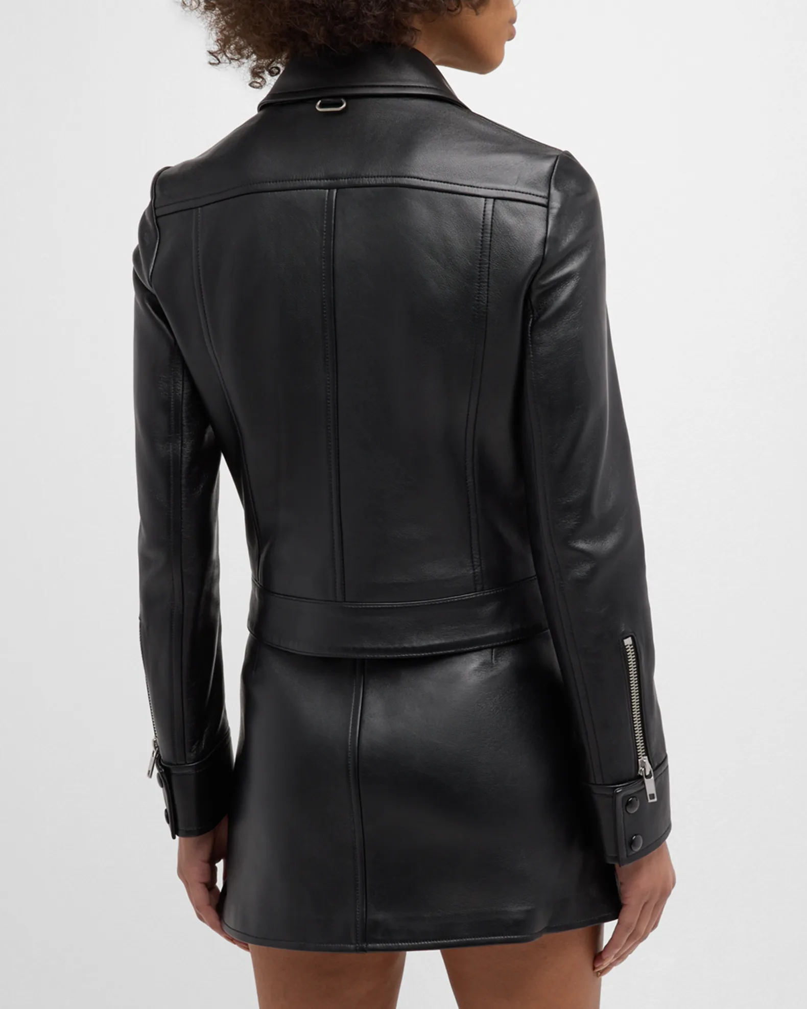 Black Leather Buckle Hem Biker Jacket 2
