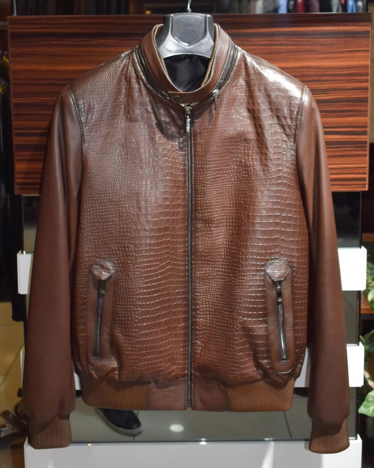 Brown Leather Bomber Jacket