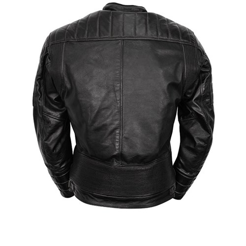Cruiser motorcycle jacket with reflective piping and multiple pockets for storage