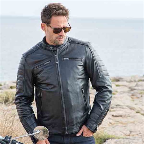 Stylish black cruiser motorcycle jacket with rugged leather and ergonomic design