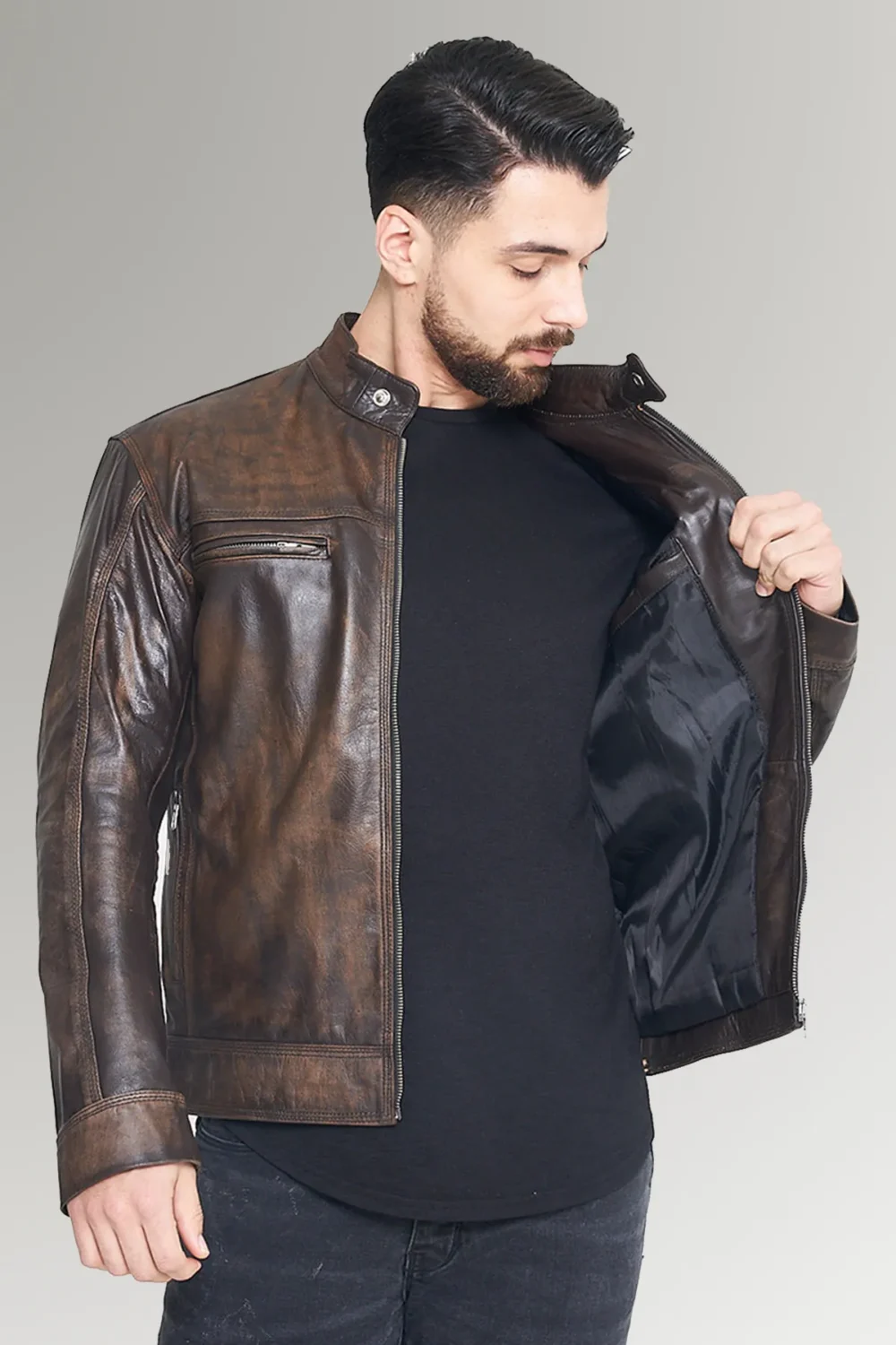 Distressed Cafe Racer Leather Jacket 2