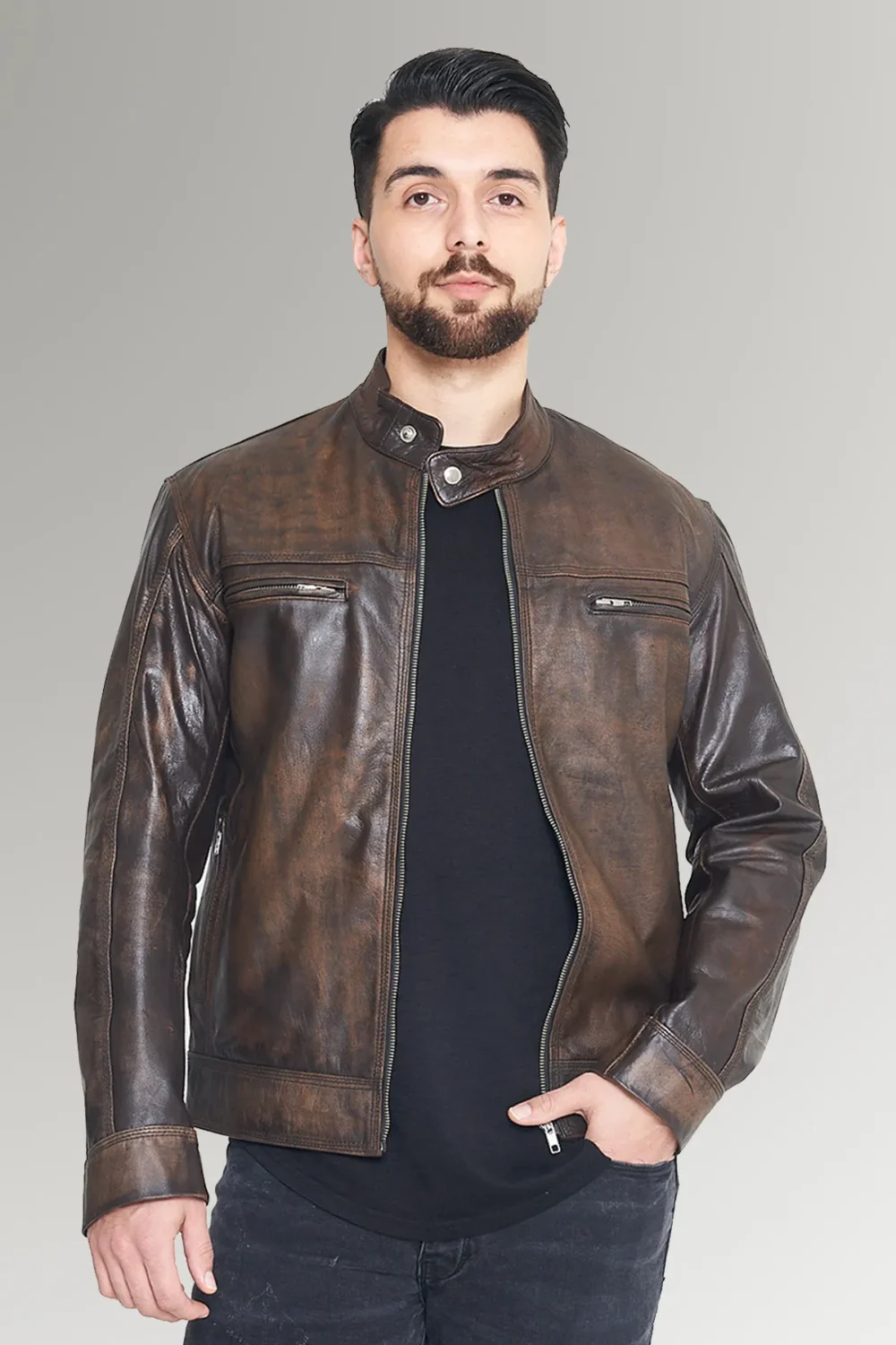 Distressed Cafe Racer Leather Jacket 4