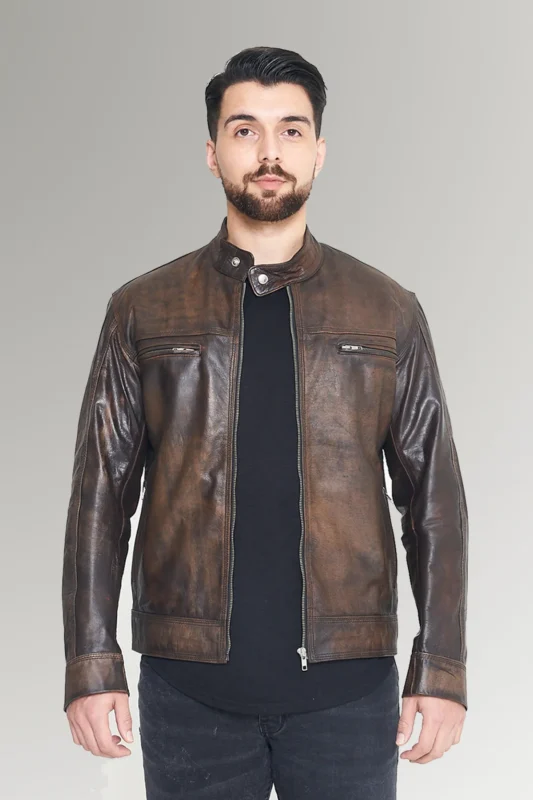 Distressed Cafe Racer Leather Jacket