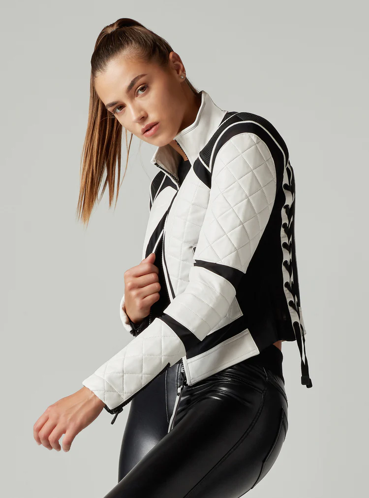 Classic Black and White Motorcycle Jacket with sleek design for bikers