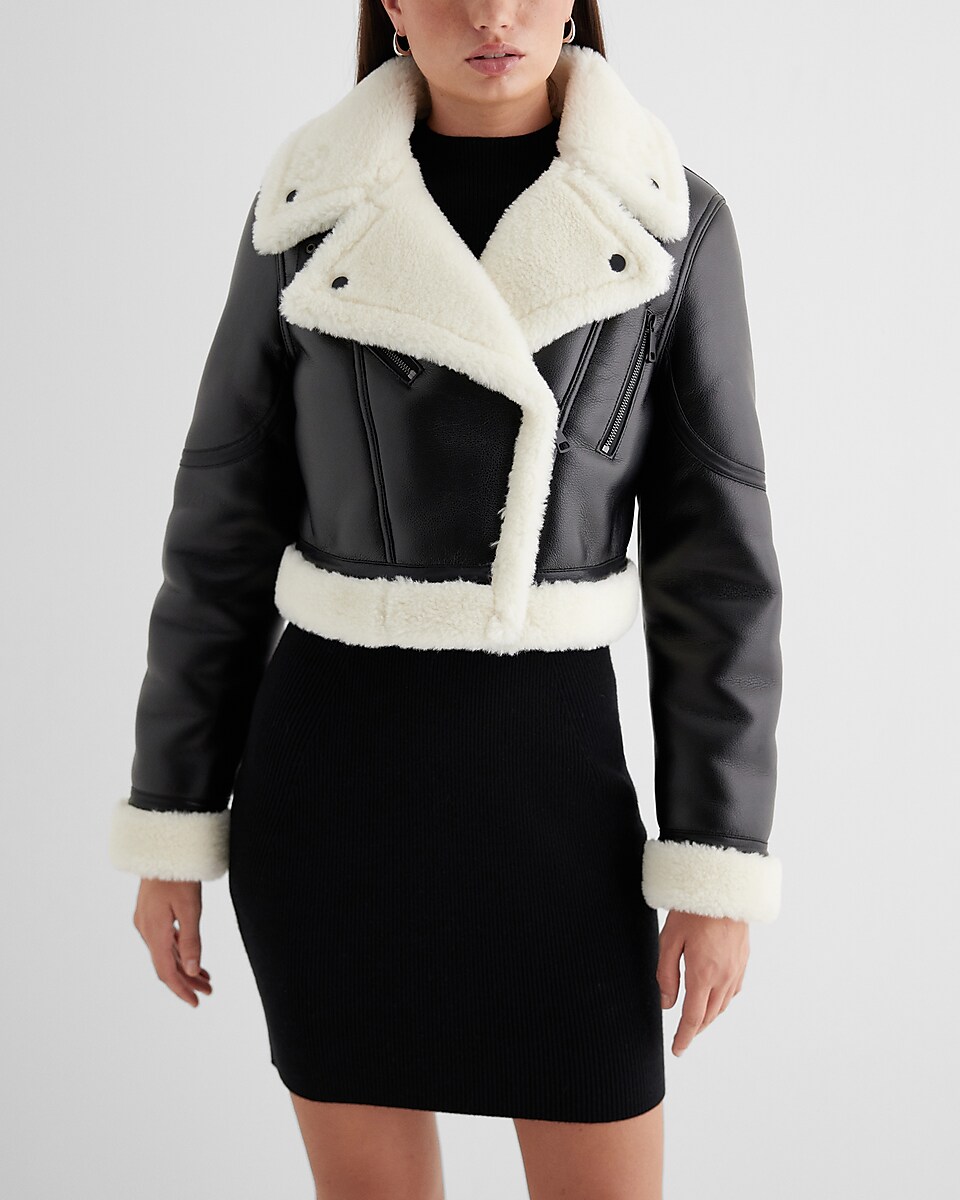 Sherpa-Lined Vegan Leather Crop Biker Jacket