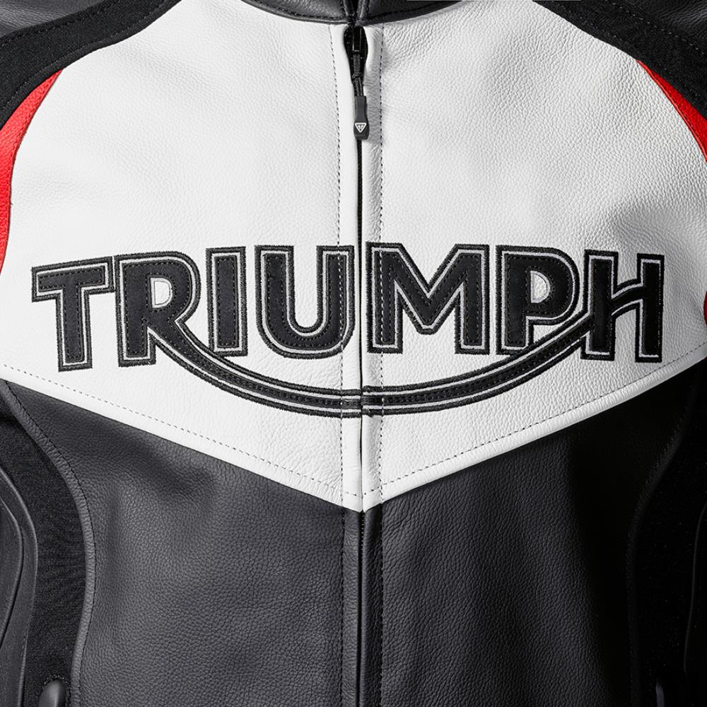 Durable Triumph motorcycle jacket with waterproof lining and multiple pockets for storage