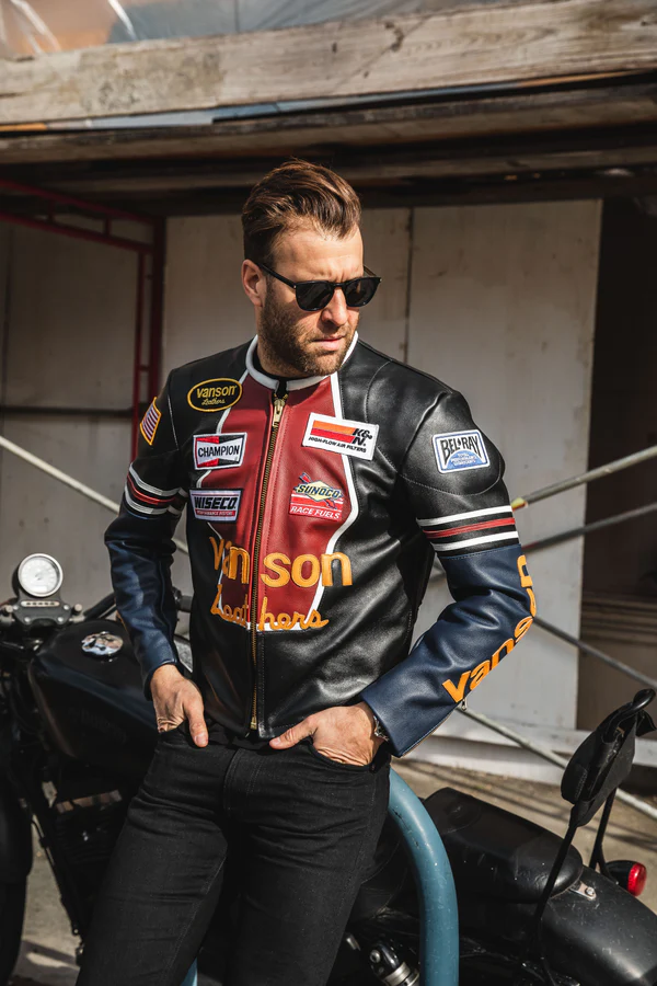 Men's Vanson leather motorcycle jacket featuring reinforced stitching and protective armor