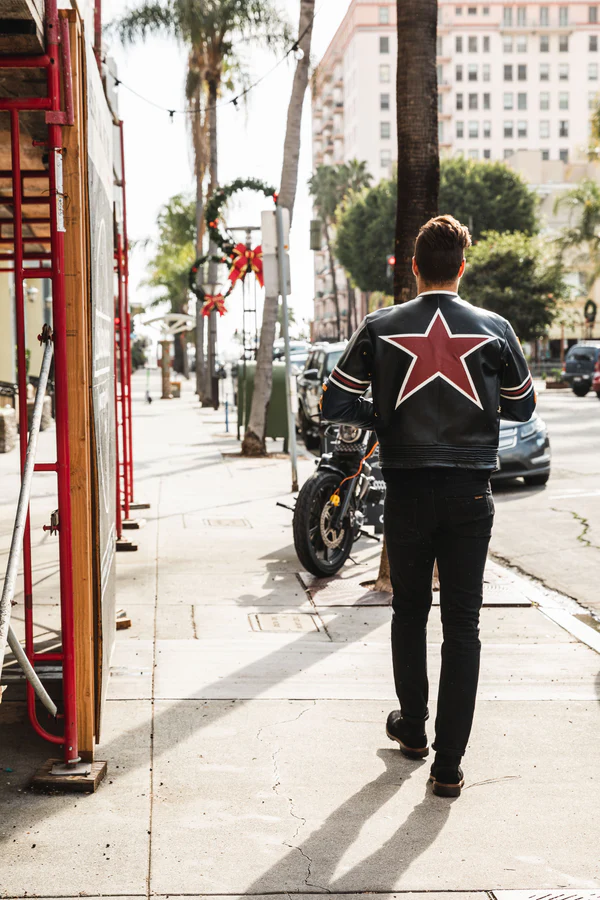 Classic black Vanson leather motorcycle jacket with premium cowhide leather and iconic design