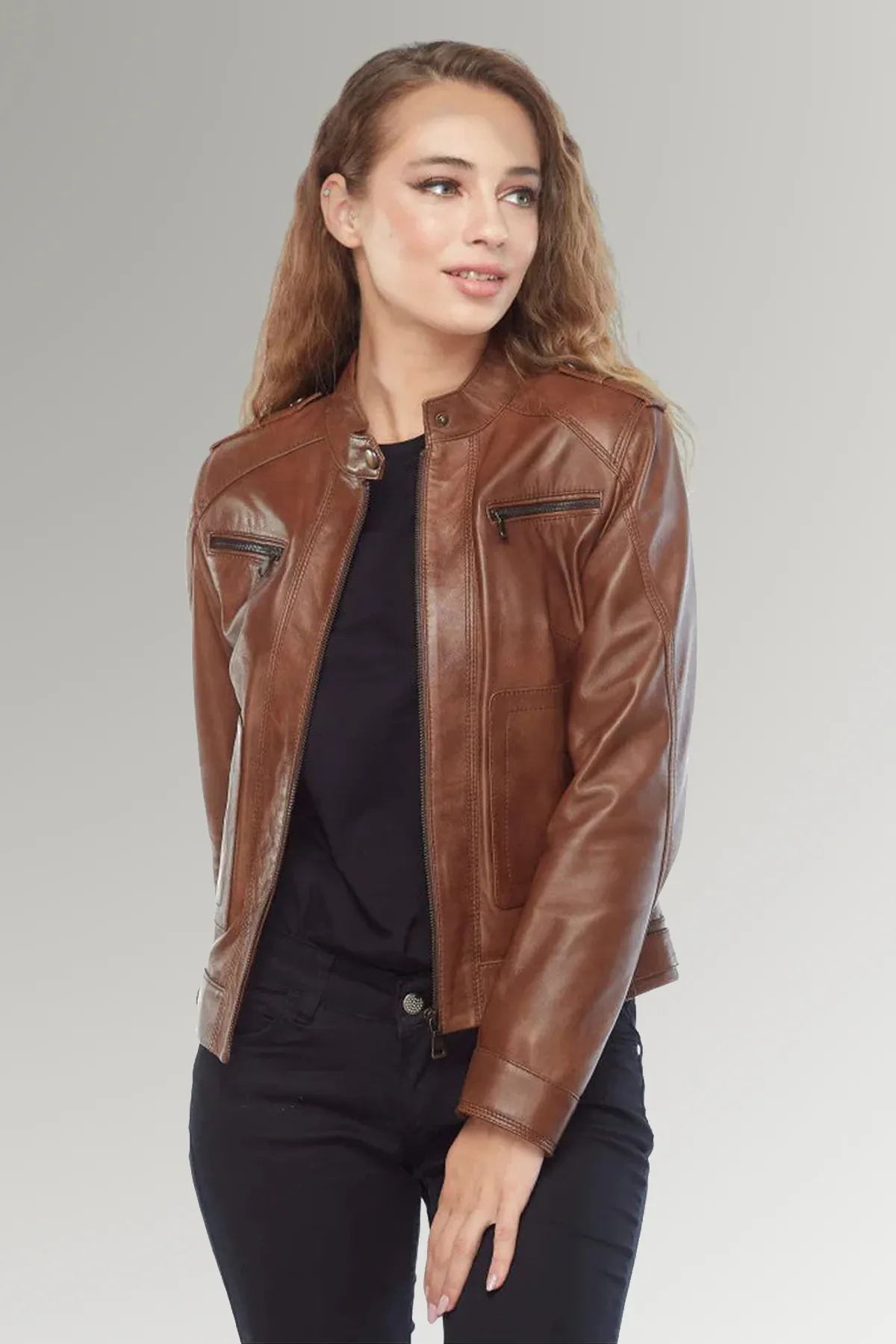 Womens Brown Biker Jacket 2