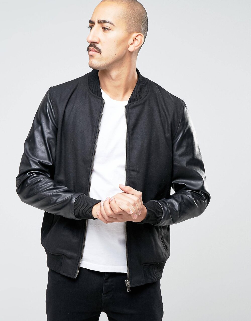 Bomber Jacket With Leather Sleeves