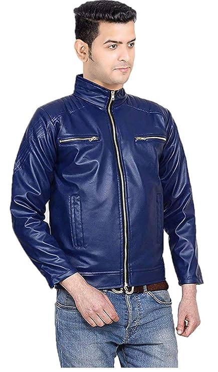 Blue Faux Leather Biker Jacket 2