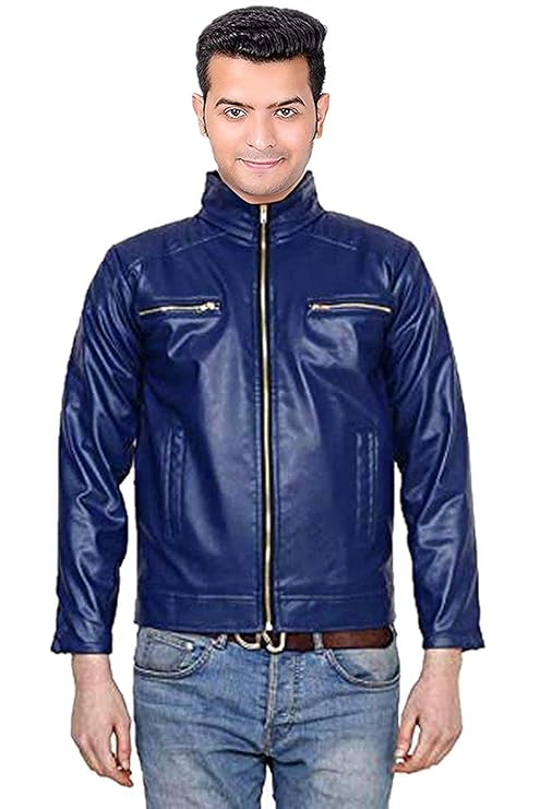 Blue Faux Leather Biker Jacket