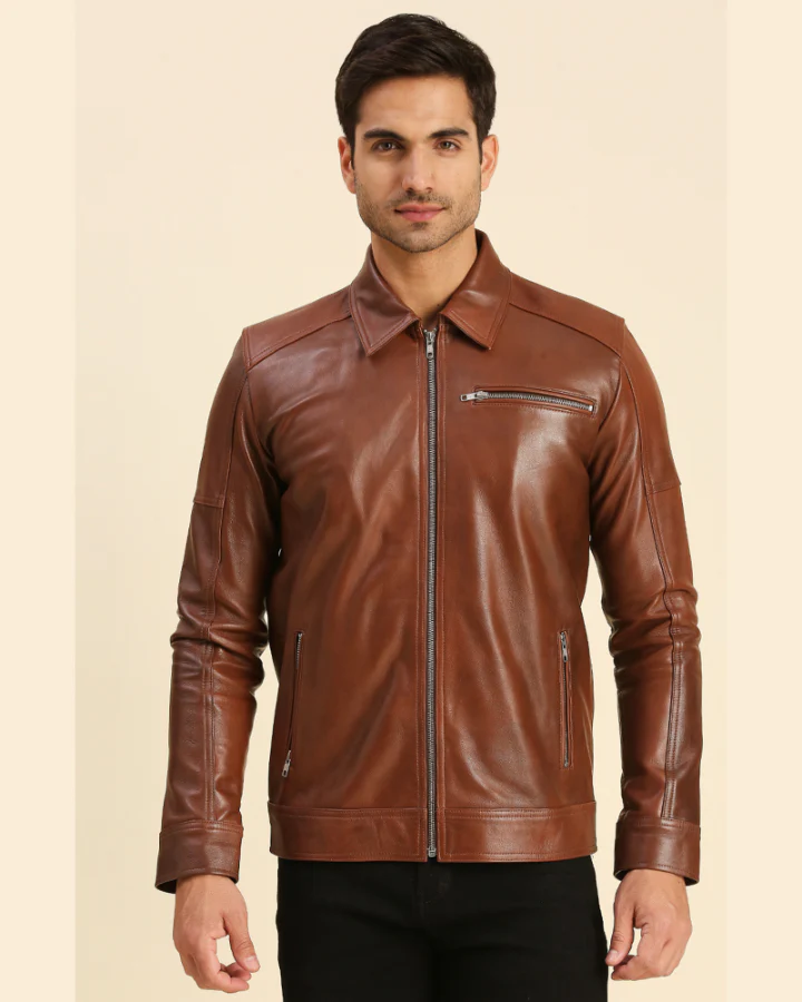 Brown Faux Leather Motorcycle Jacket 4