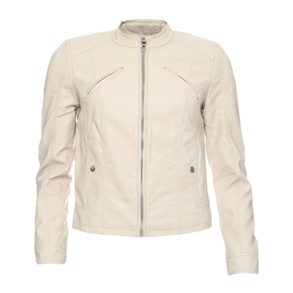 Cream Faux Leather Biker Jacket