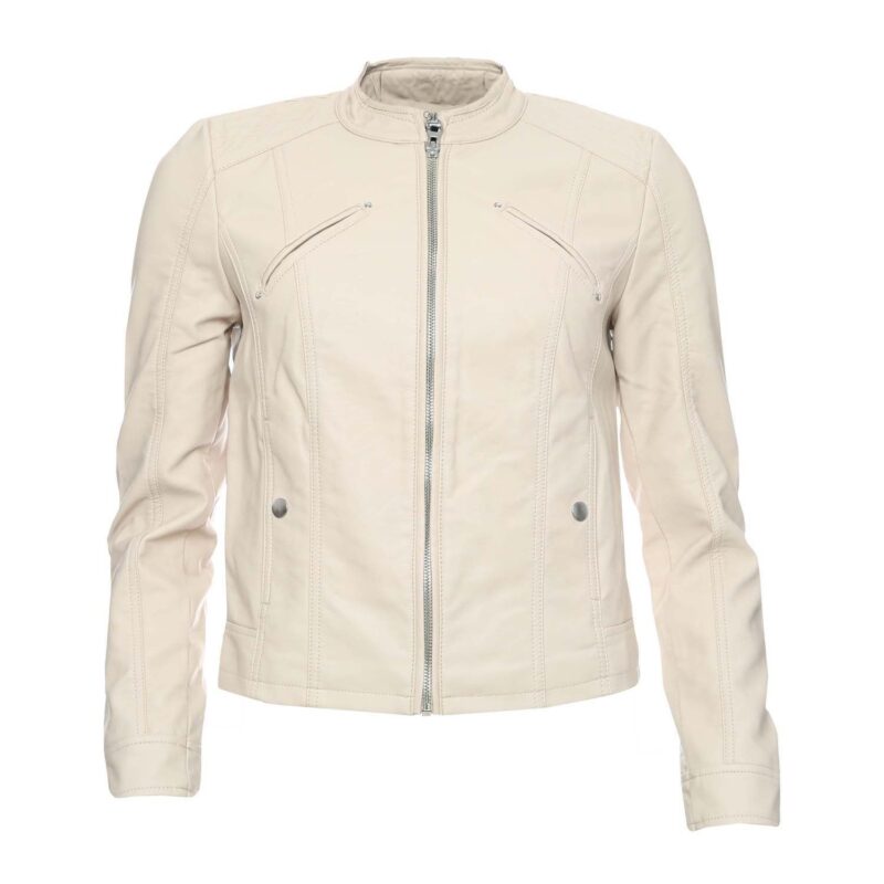Cream Faux Leather Biker Jacket