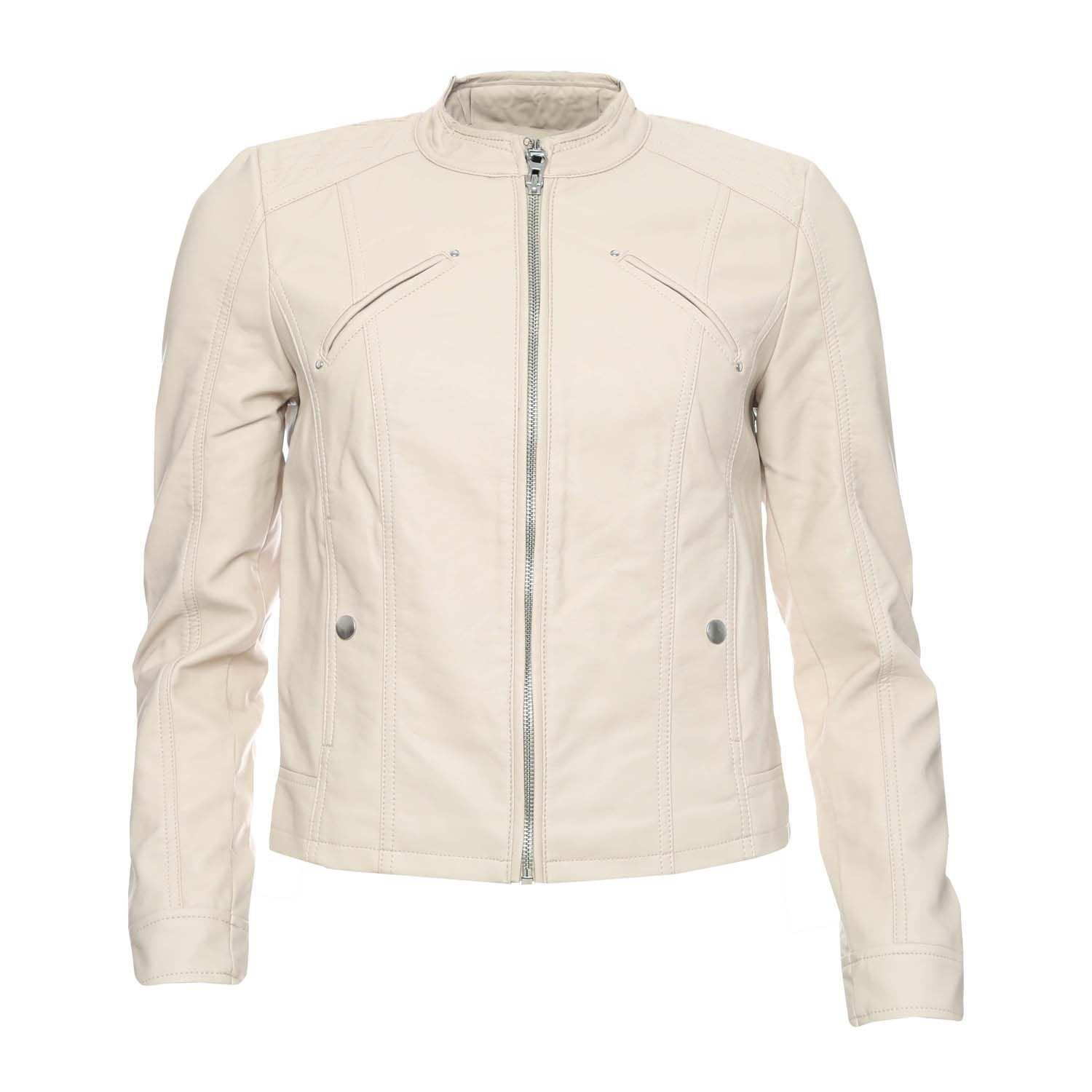 Cream Faux Leather Biker Jacket