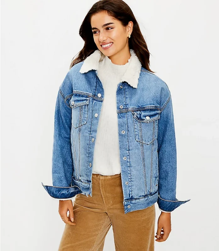 Denim Jacket With Sheepskin Collar Womens