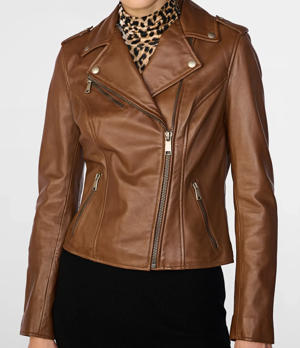 Ladies Brown Leather Motorcycle Jacket 2