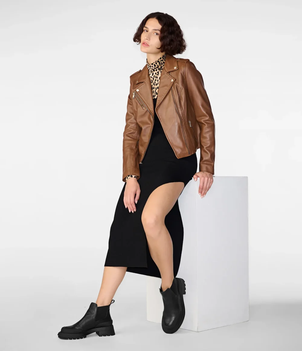 Ladies Brown Leather Motorcycle Jacket 4