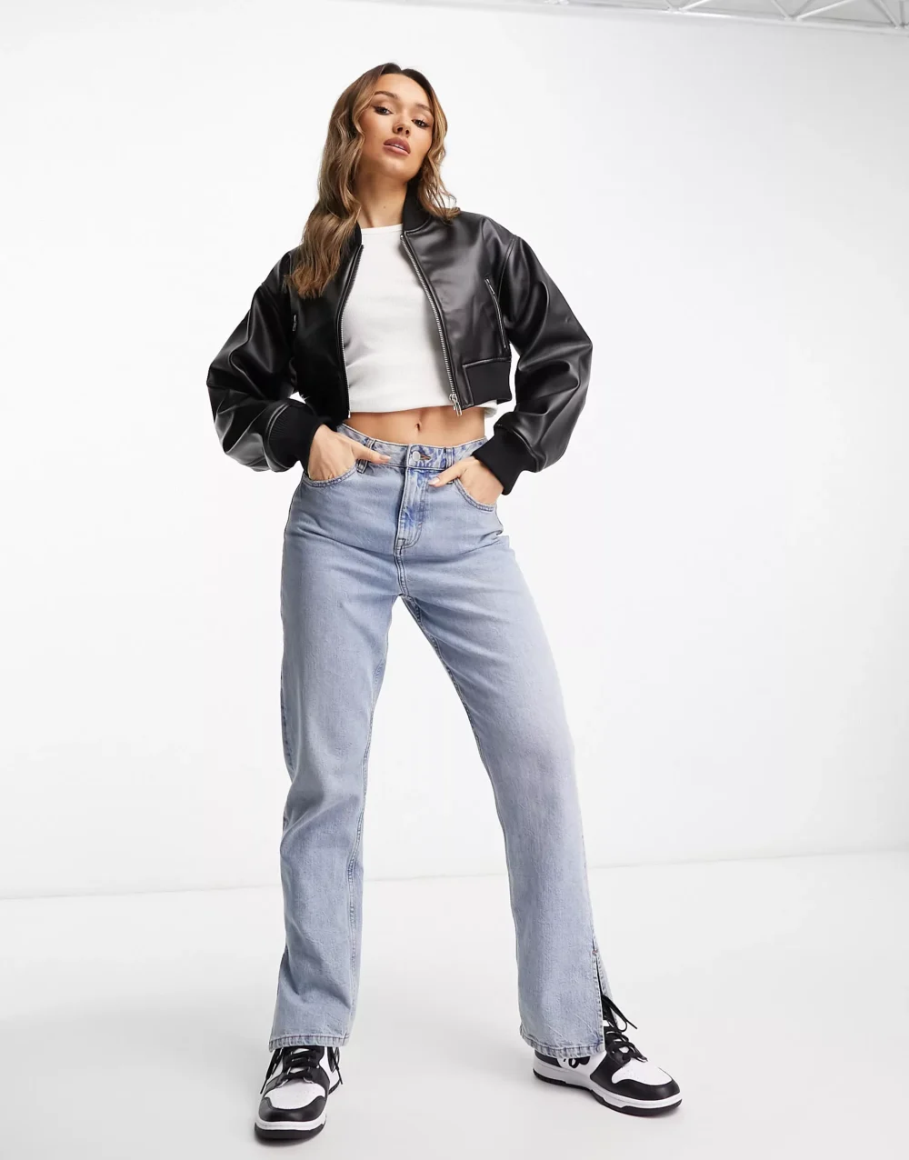 Leather Cropped Bomber Jacket