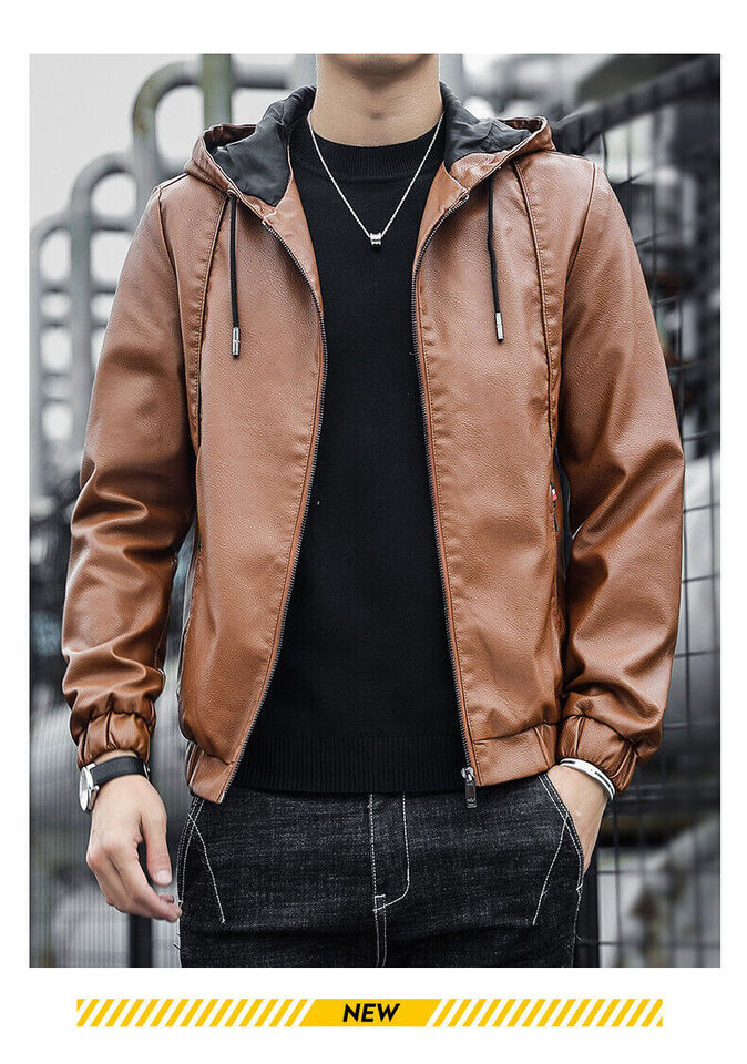Mens Brown Faux Leather Biker Jacket 2