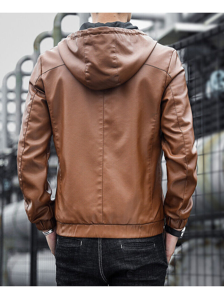Mens Brown Faux Leather Biker Jacket 3