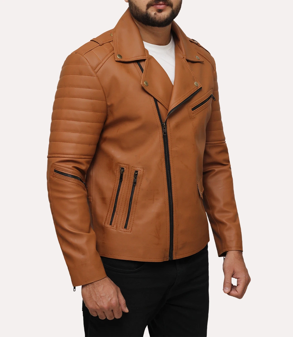 Mens Brown Faux Leather Motorcycle Jacket 2