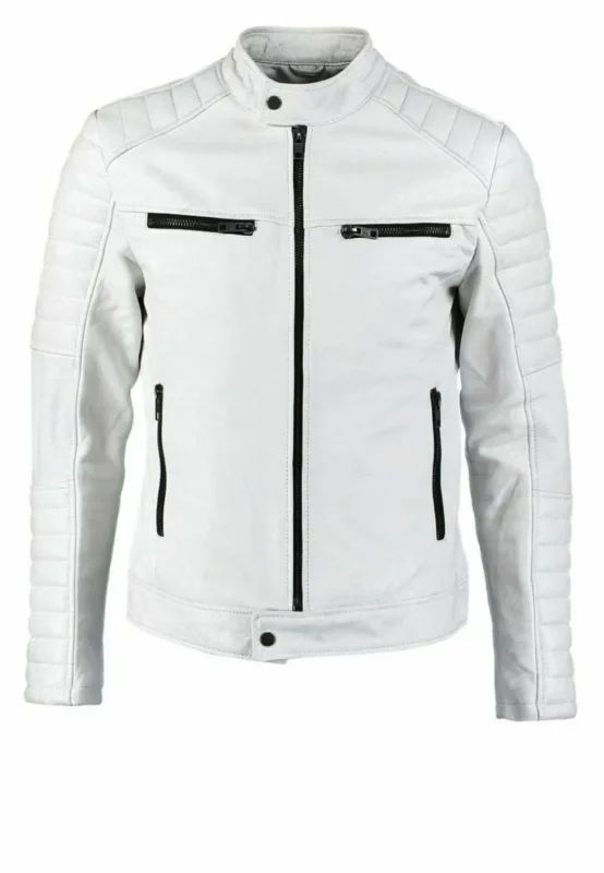 Mens White Leather Motorcycle Jacket