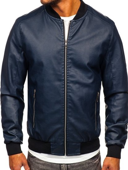 Navy Leather Bomber Jacket 3