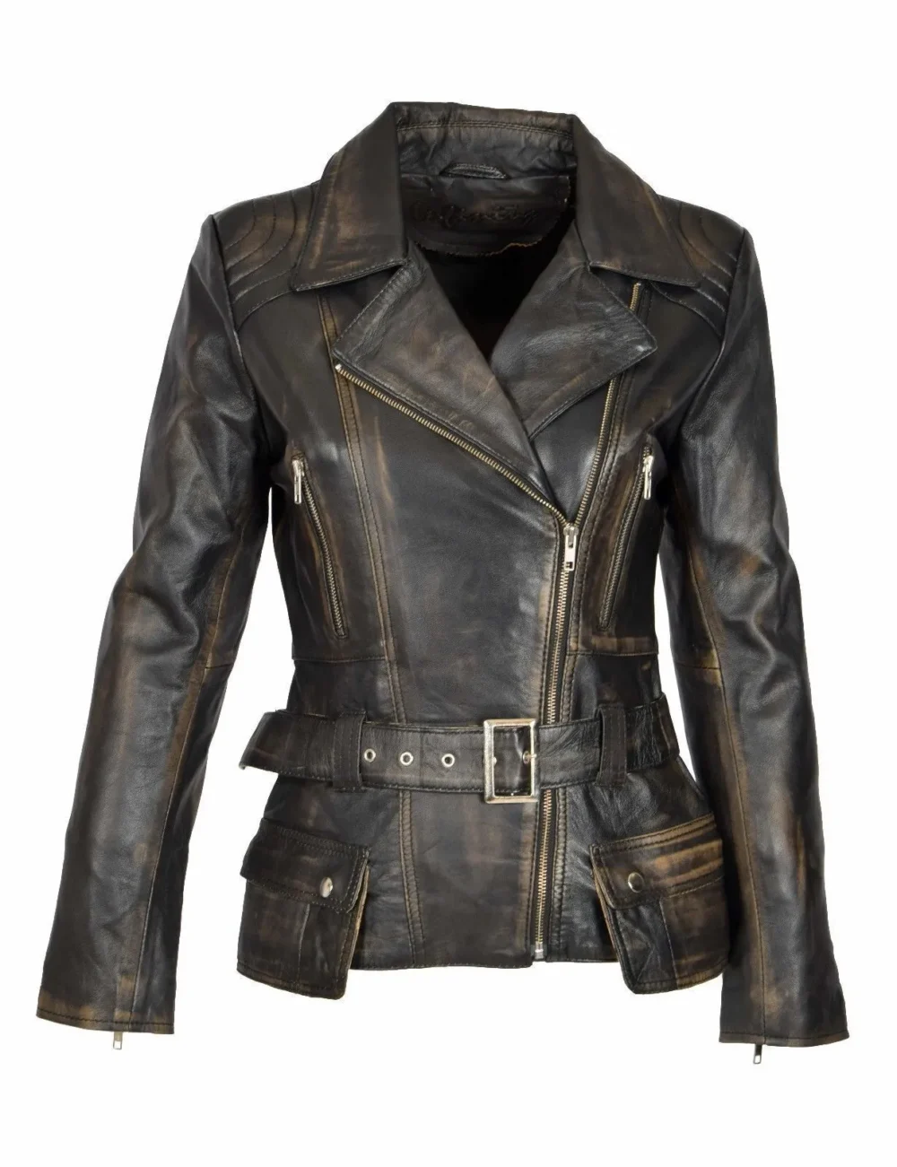 Womens Distressed Leather Motorcycle Jacket