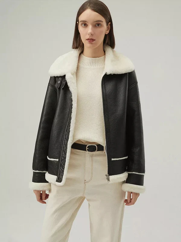Womens Leather Jacket With Sheepskin Collar