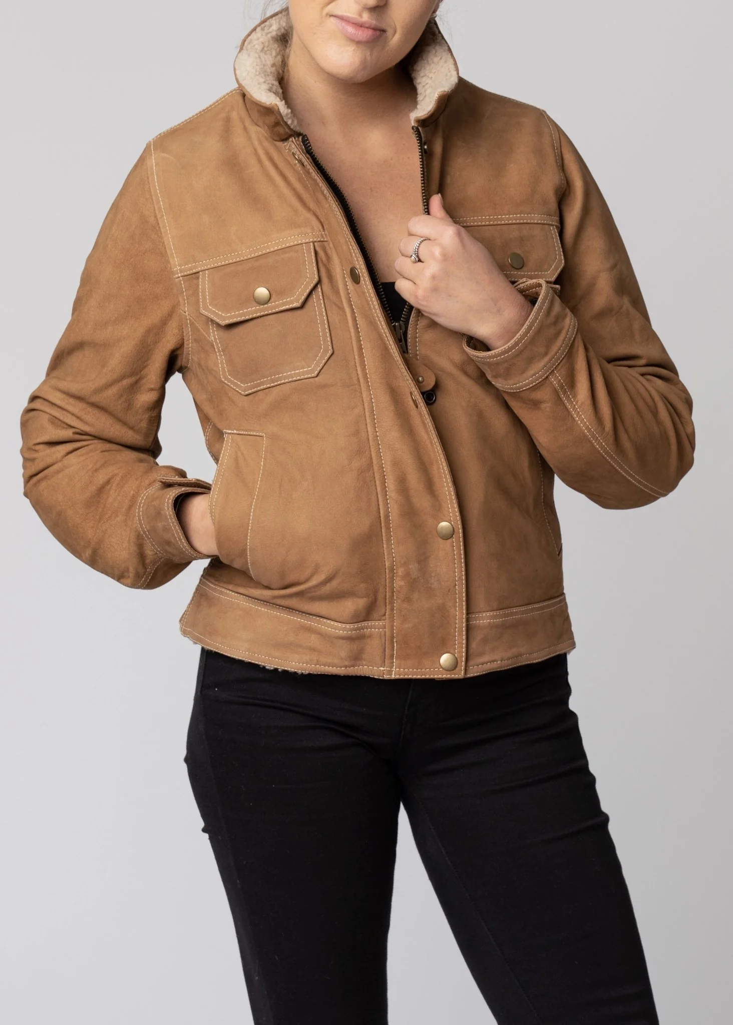 Womens Leather Motorcycle Jacket Brown 4