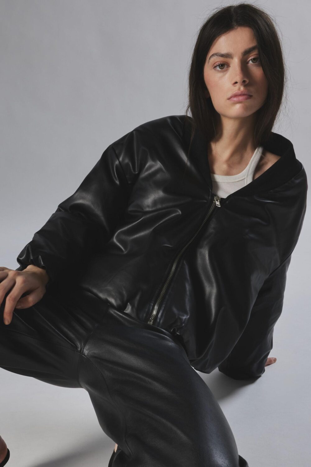 black faux leather bomber jacket 2