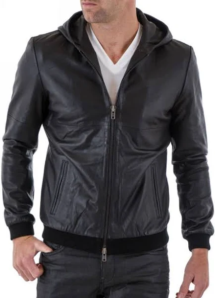 black leather jacket with hood