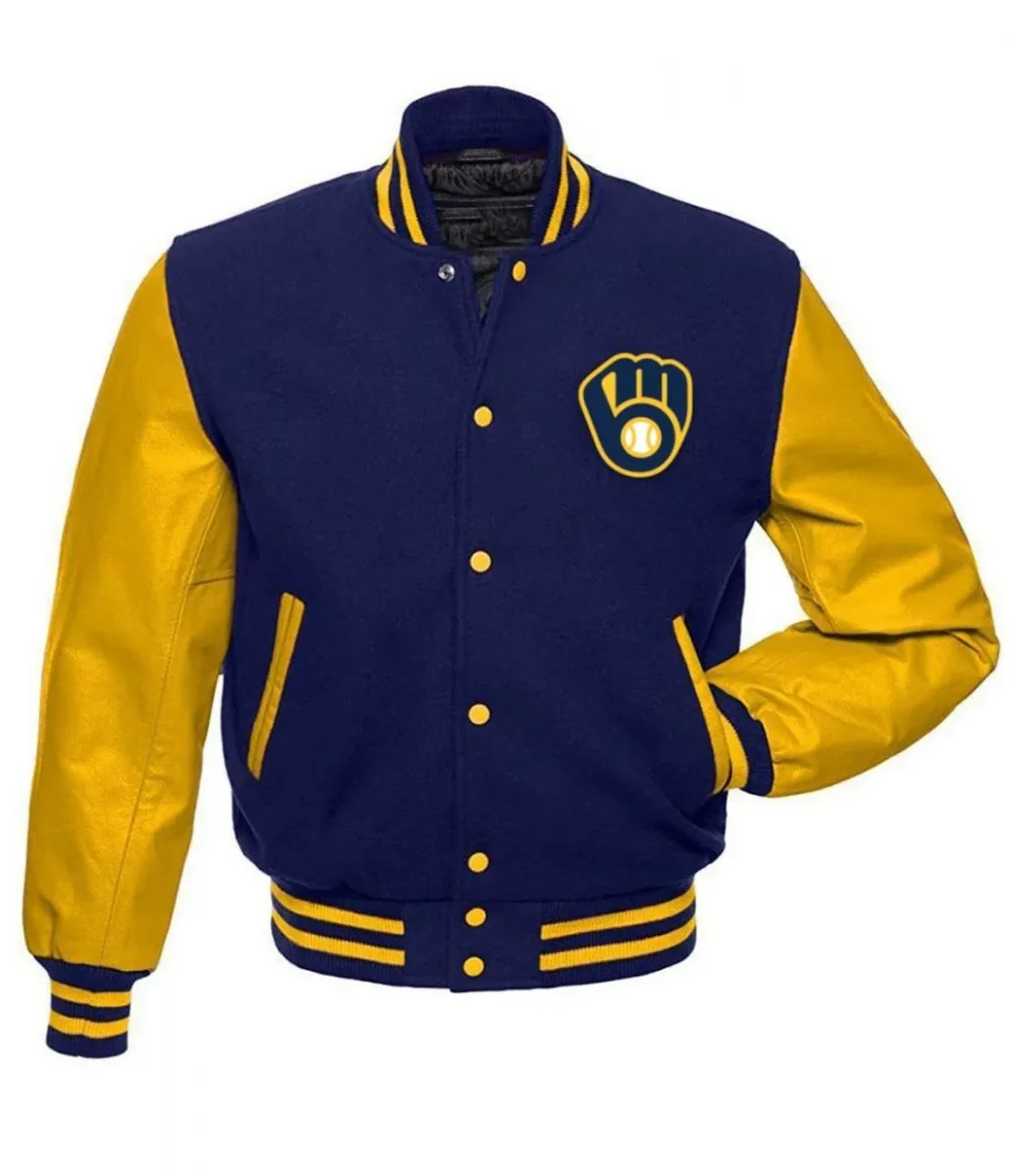 blue and yellow bomber jacket
