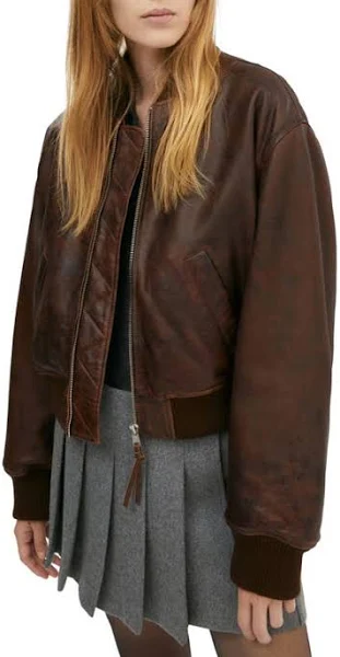 brown leather bomber jacket women's