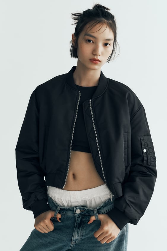 crop bomber jacket black