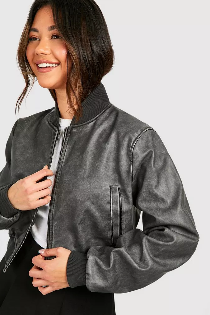 grey leather bomber jacket women's