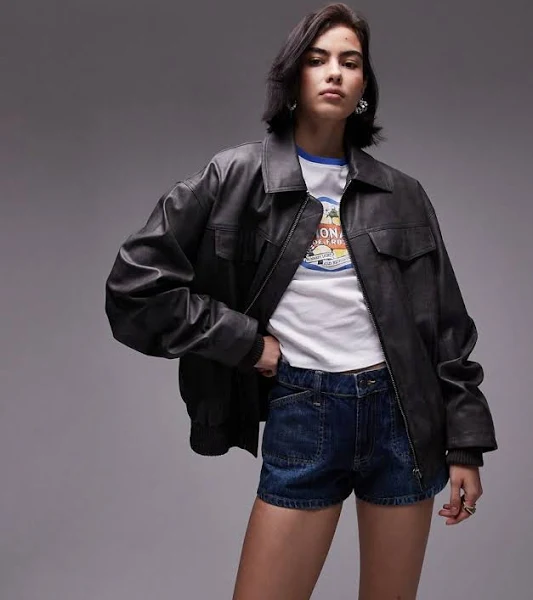 womens black leather bomber jacket