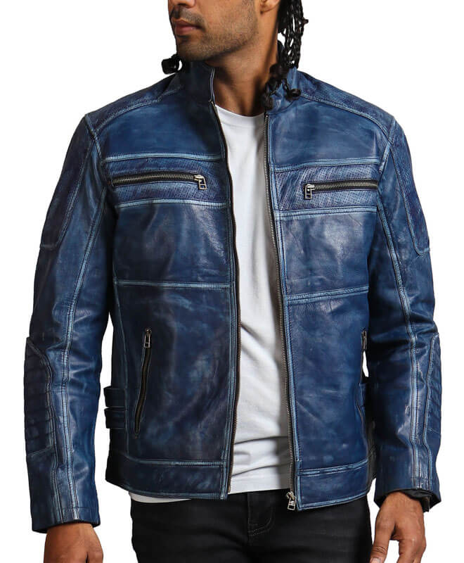Blue Leather Biker Jacket Mens
