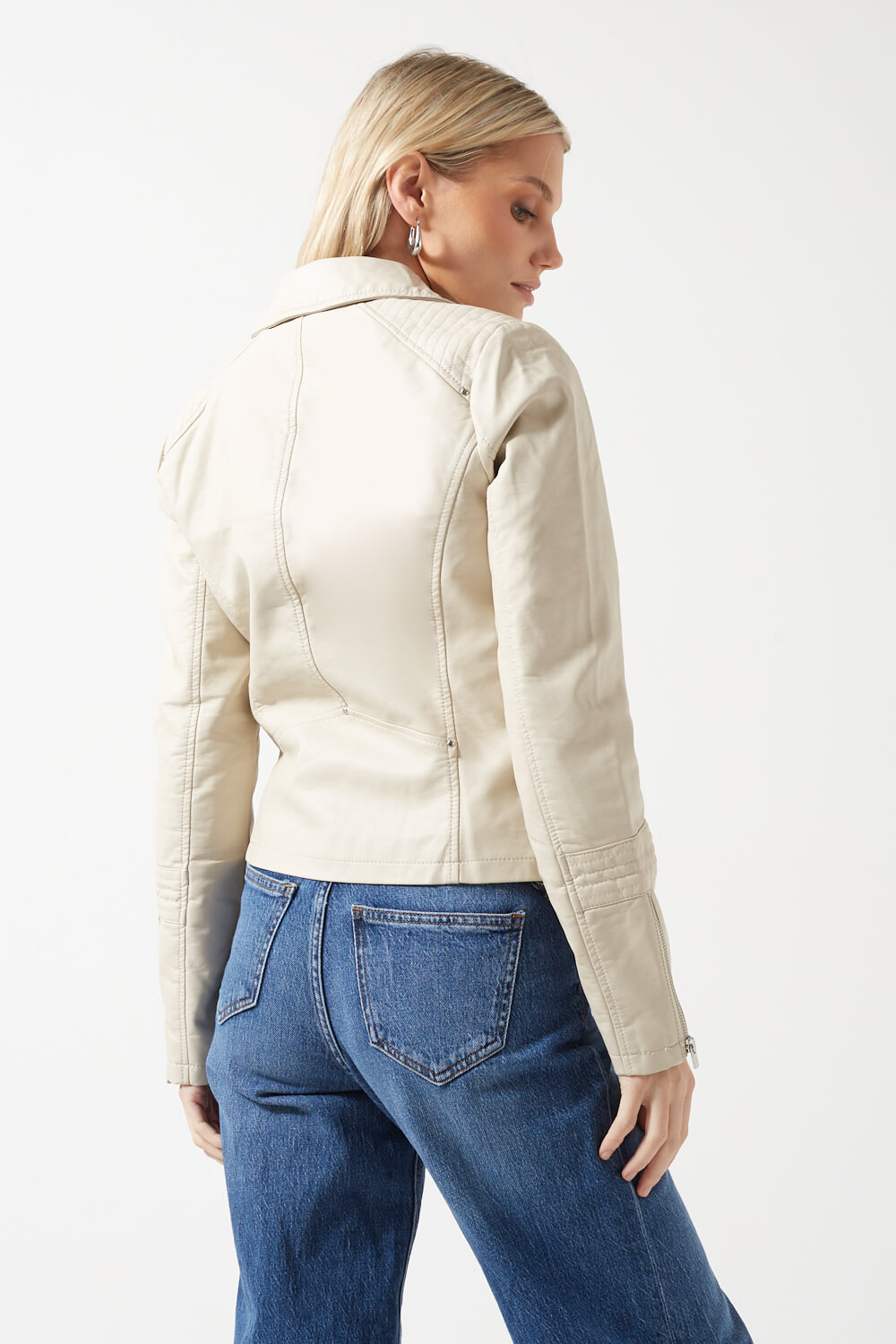 Cream Faux Leather Moto Jacket