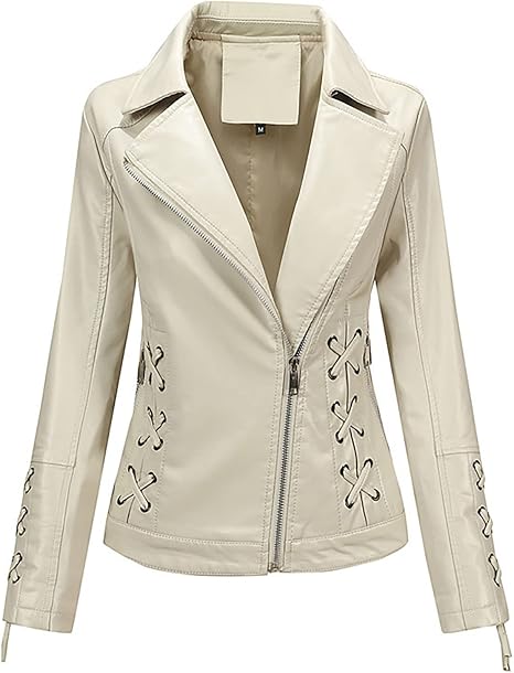 Ladies Cream Leather Biker Jacket