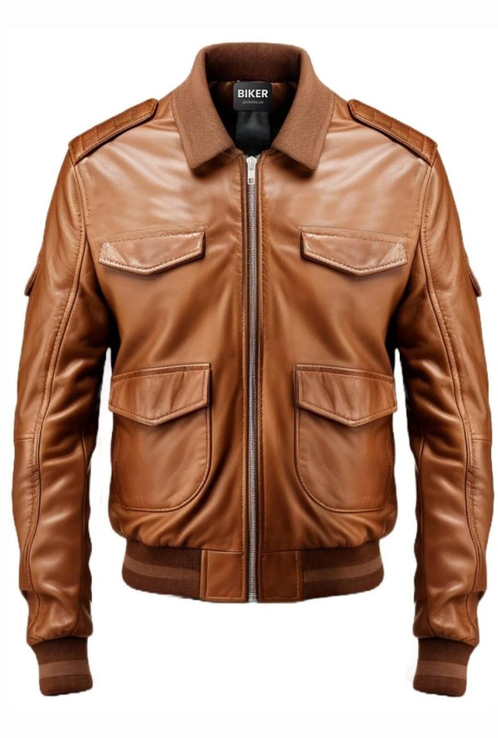 Men Brown Strap Pockets Bomber Leather Jacket