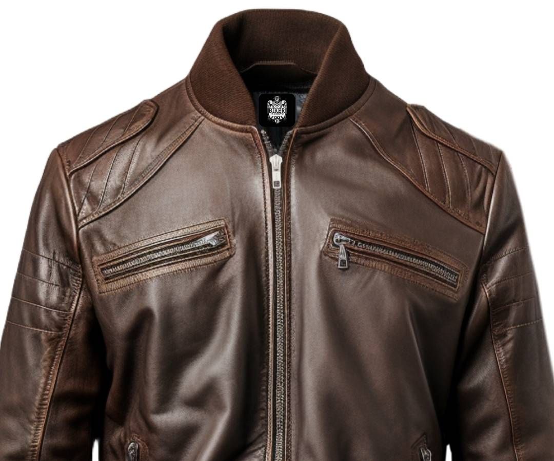 Men Dark Brown Leather Bomber Jacket