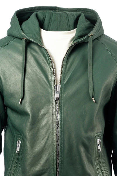 Men Faux Leather Jacket with Hood Green